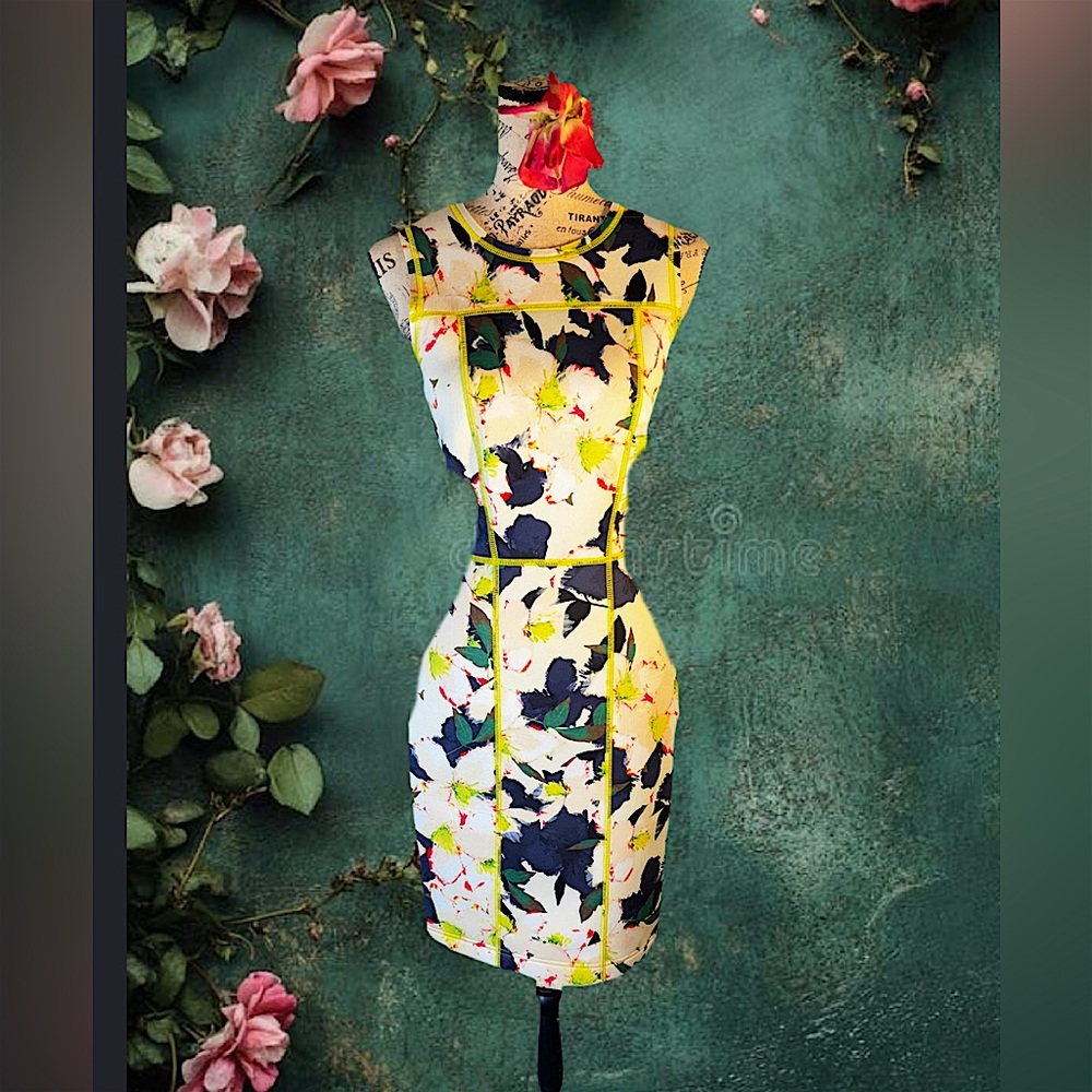 J. Crew White Floral Midi Dress with Navy and Yellow Accents